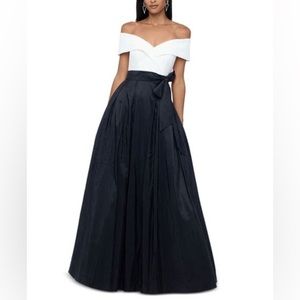 COPY - Xscape 18w color block off the shoulder Aline floor length dress